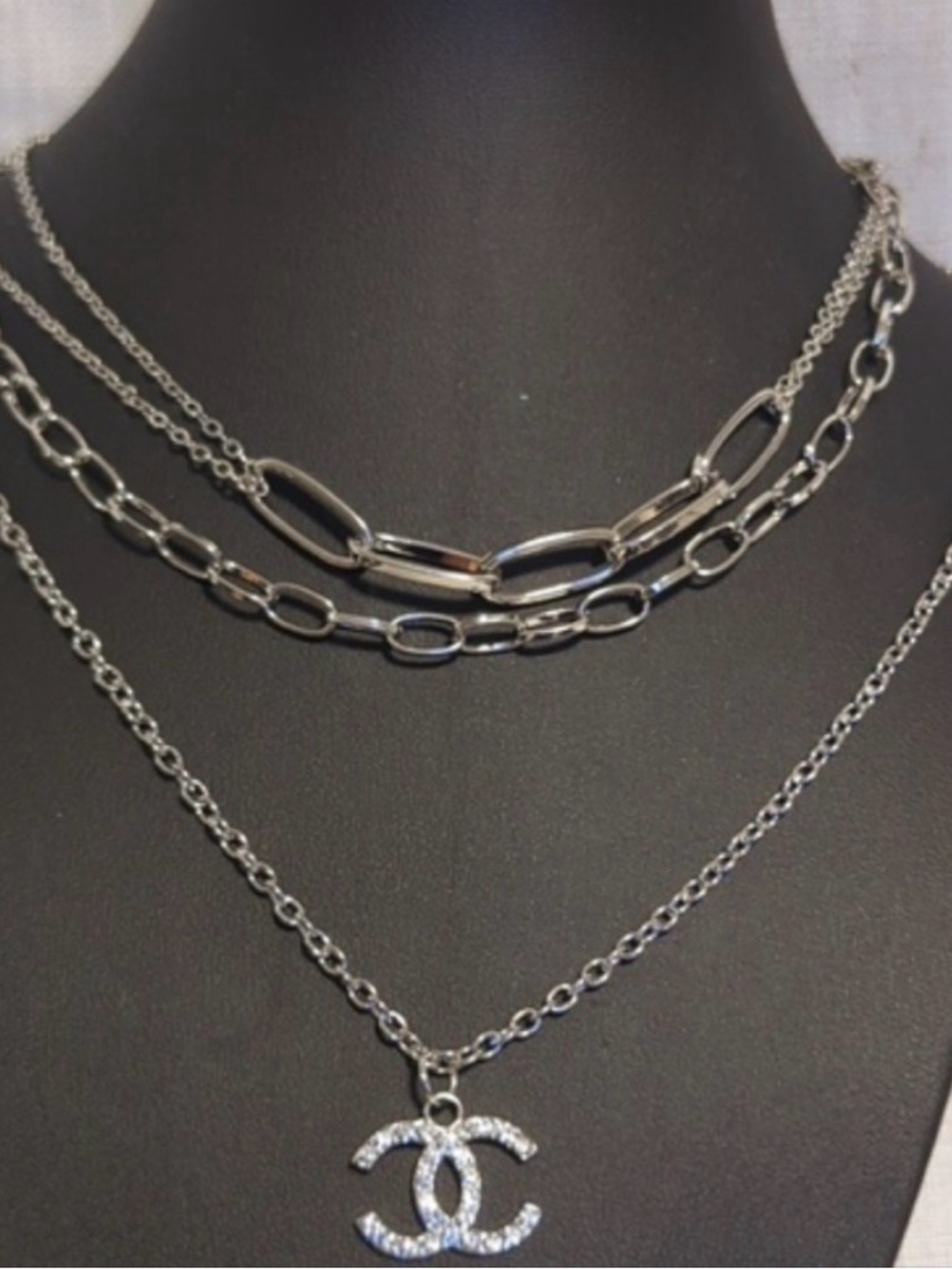 Gold or Silver Layered Chain Necklace with Fashion Logo Pendant - Picture 2 of 2
